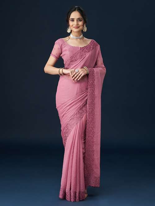 pink chiffon embroidered saree with blouse - 21017082 -  Standard Image - 0