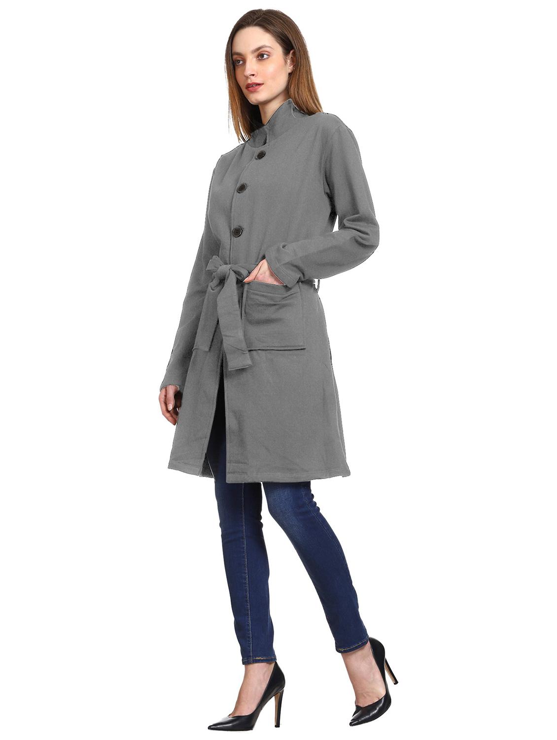 women solid stand collar long coat - 21017482 - Standard Image - 2