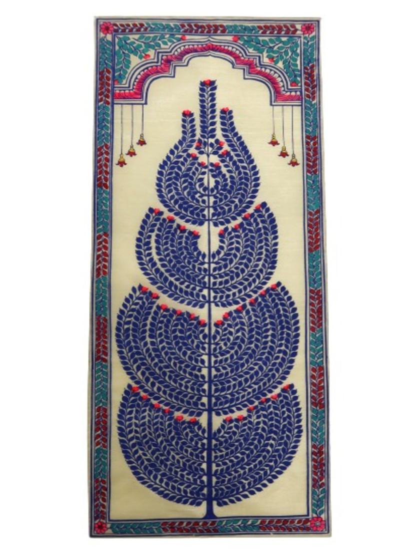 palak saxena designing blue leaf hanging pattachitra art work on tussar silk for home and office decoration painting wall decor