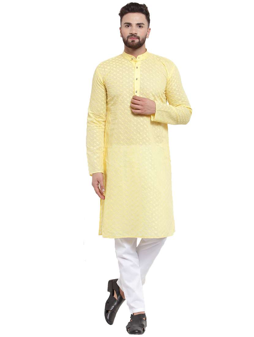 yellow cotton kurta churidar ethnic wear set