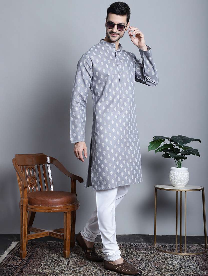 men grey cotton kurta churidar ethnic wear set