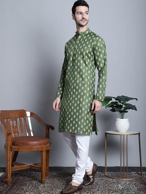 men olive green cotton kurta churidar ethnic wear set - 21018183 - Standard Image - 0