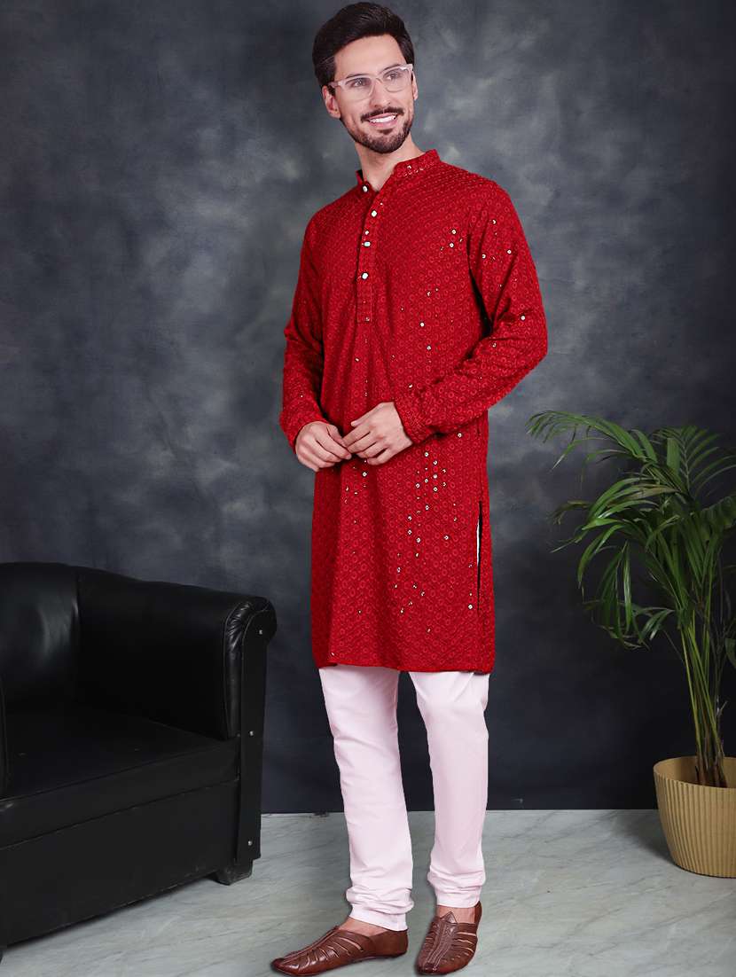 red cotton kurta churidar ethnic wear set