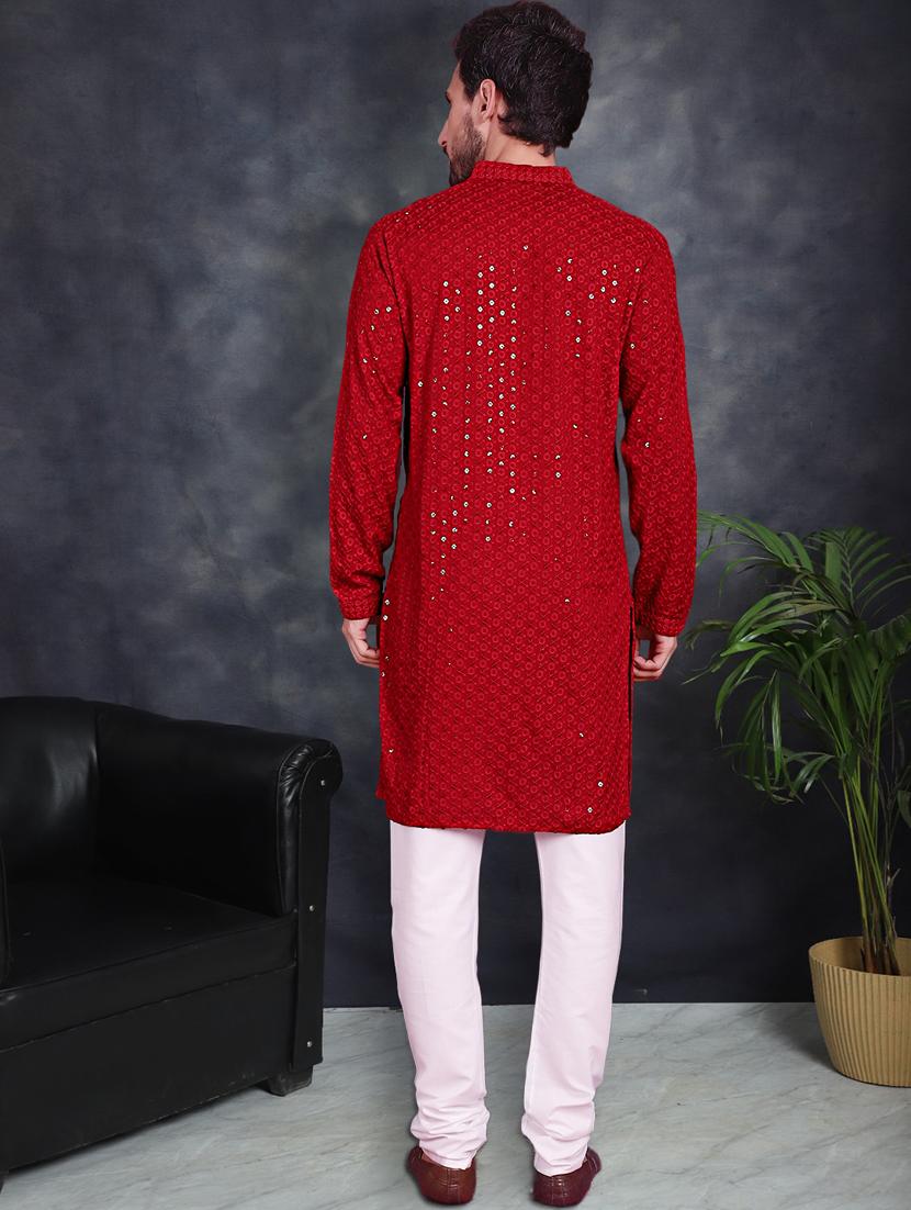 red cotton kurta churidar ethnic wear set - 21018229 - Standard Image - 2