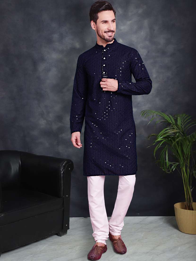 navy blue cotton kurta churidar ethnic wear set