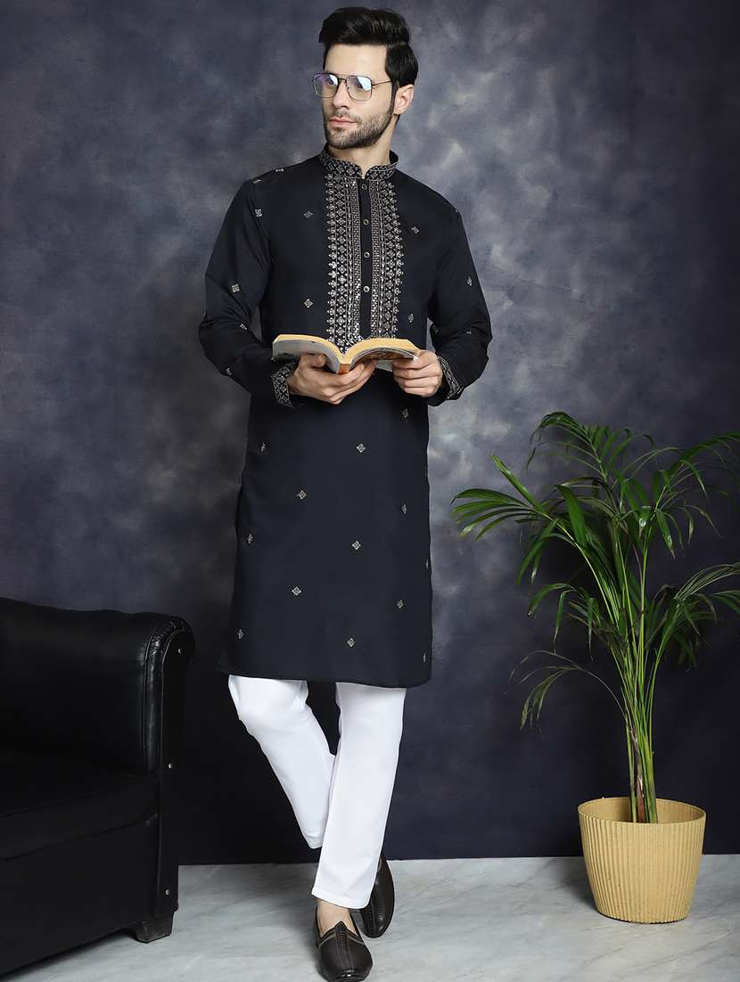 black silk blend kurta churidar ethnic wear set