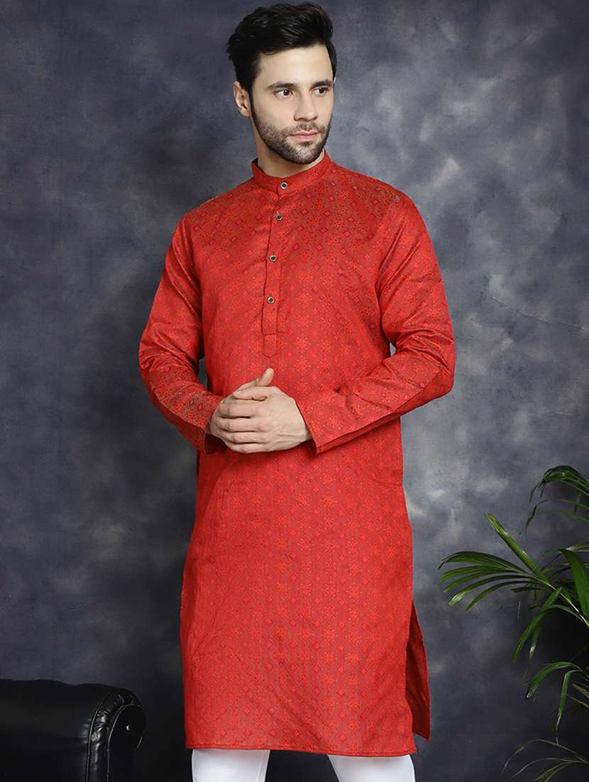 red silk blend long kurta - 21018284 -  Standard Image - 2