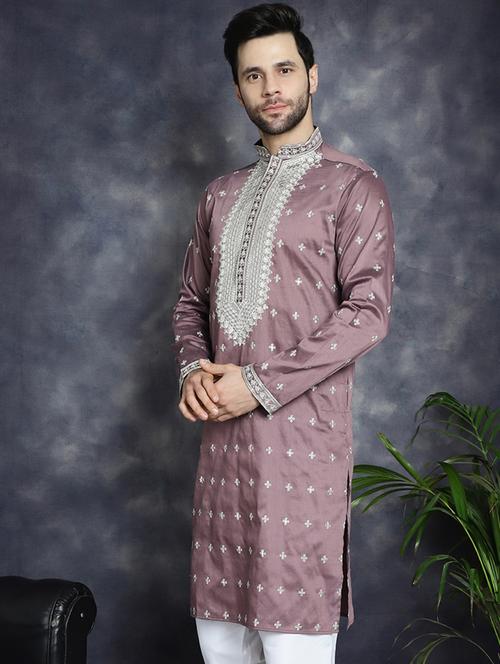 men solid with work mandarin neck long kurta - 21018288 - Standard Image - 0