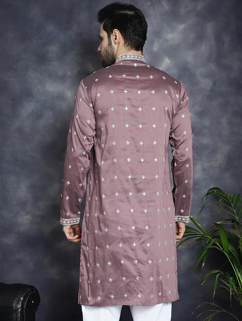 men solid with work mandarin neck long kurta - 21018288 - Standard Image - 2
