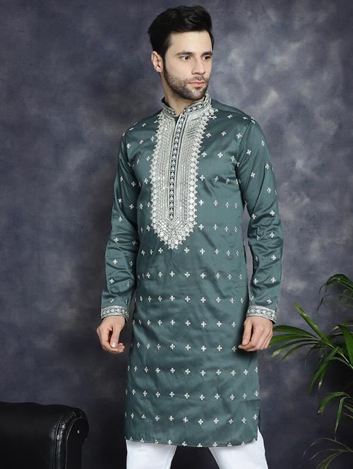 dark green silk blend long kurta - 21018289 - Standard Image - 0