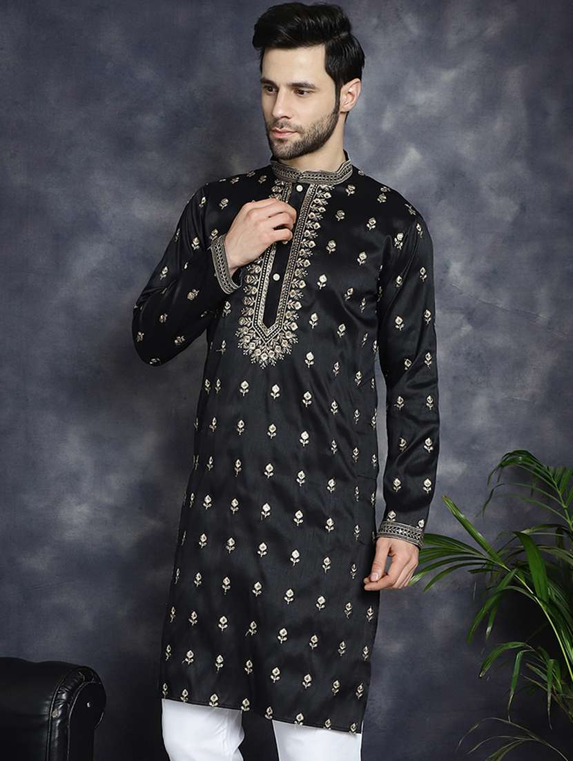 men solid with work mandarin neck long kurta