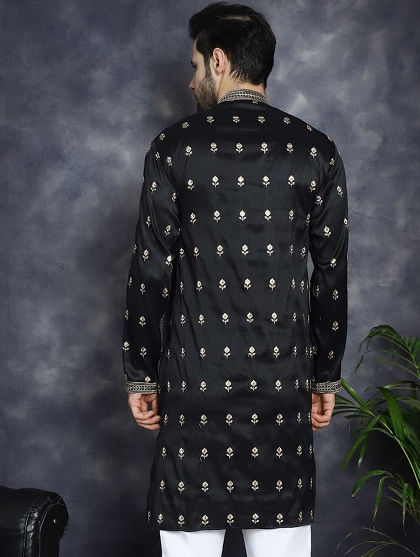 men solid with work mandarin neck long kurta - 21018294 -  Standard Image - 2