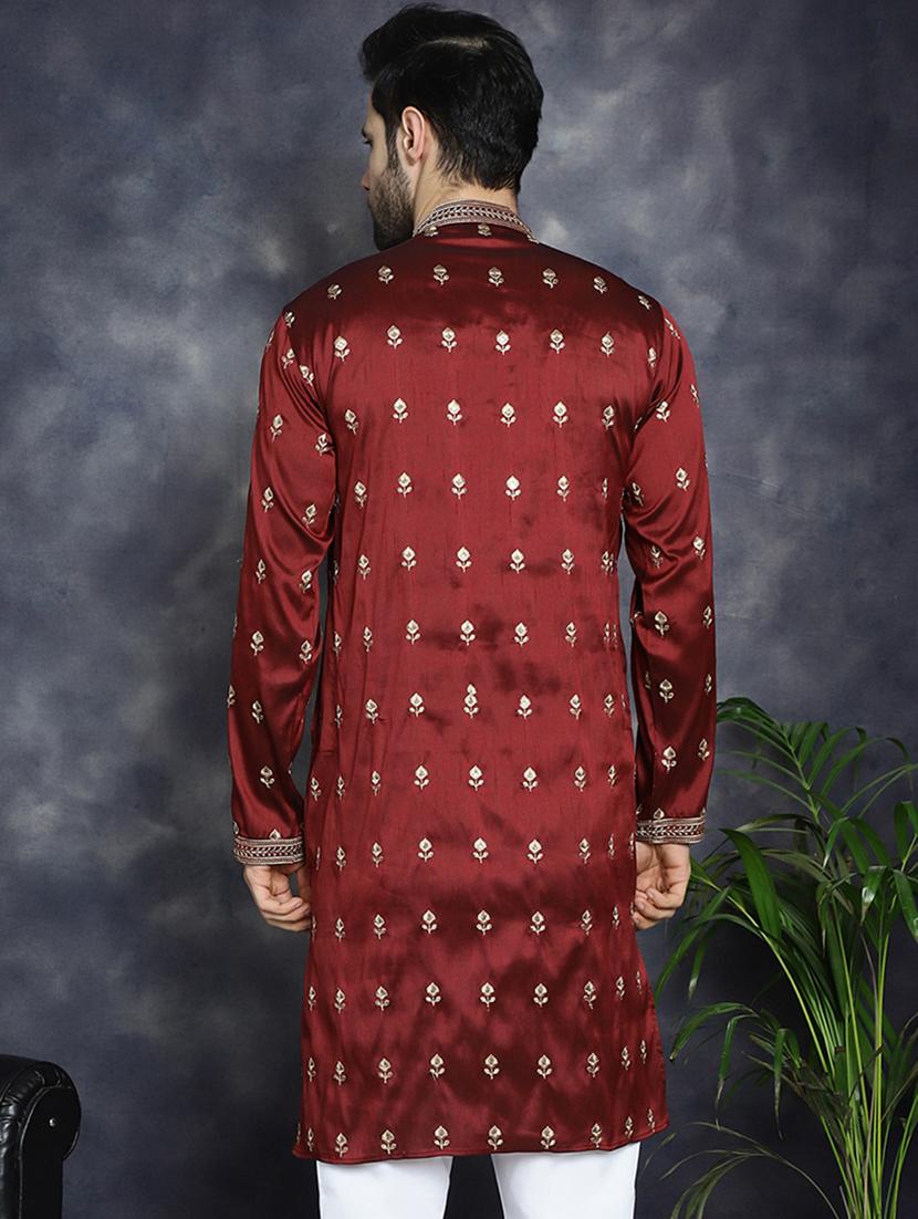 men solid with work mandarin neck long kurta - 21018295 - Standard Image - 2
