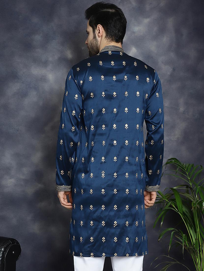 men solid with work mandarin neck long kurta - 21018296 - Standard Image - 2