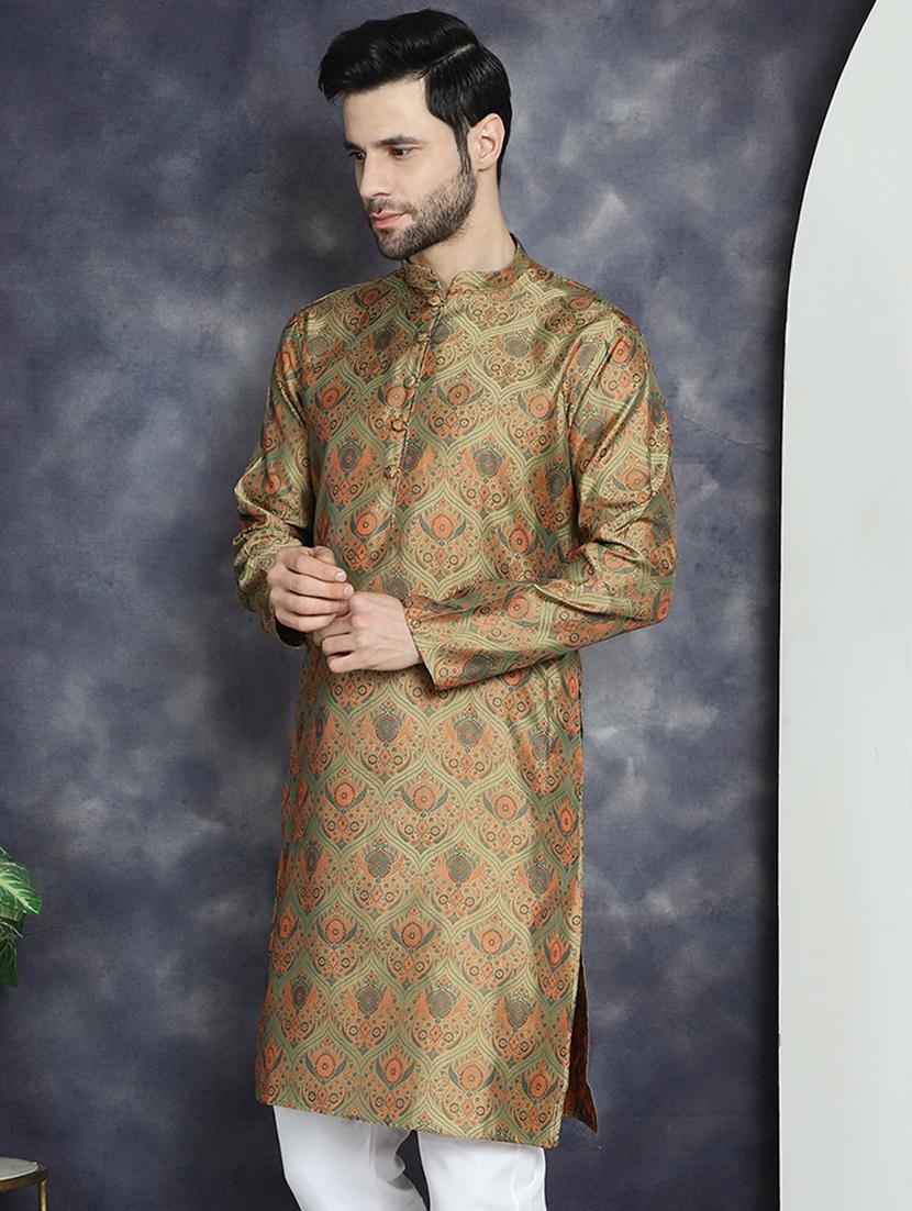 men golden silk blend straight kurta