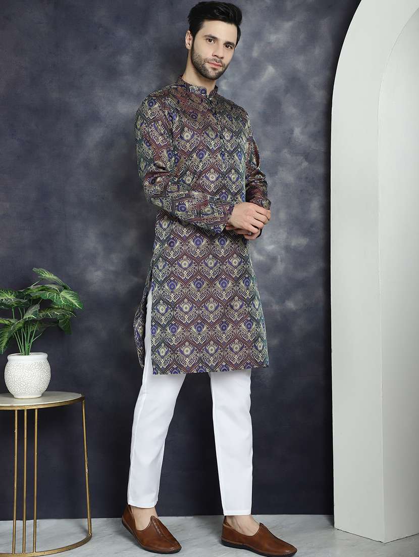 purple silk blend long kurta - 21018300 -  Standard Image - 2