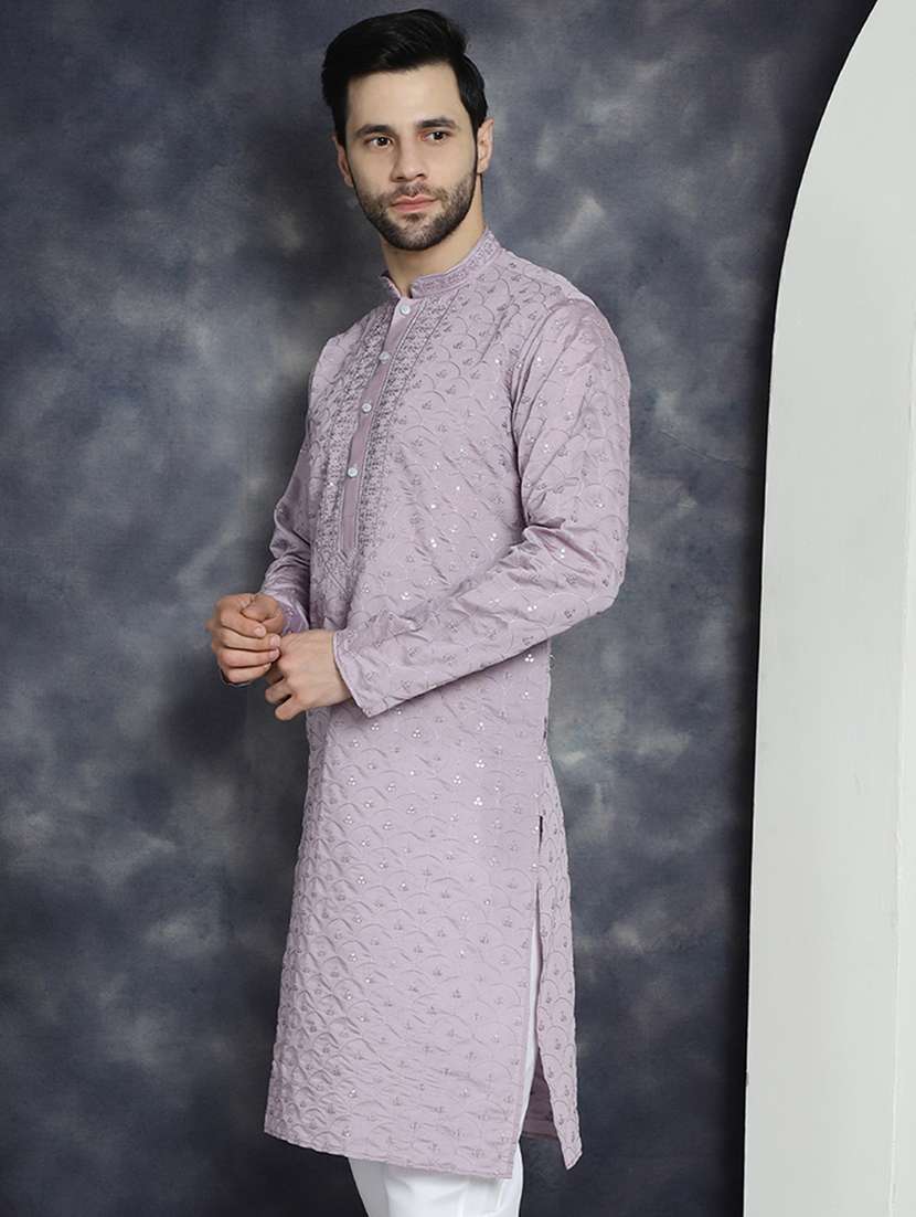 men solid with work mandarin neck long kurta