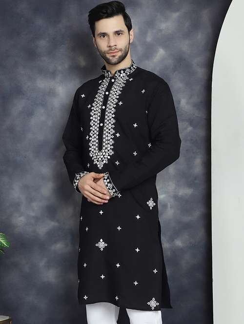 men solid with work mandarin neck long kurta - 21018306 - Standard Image - 0