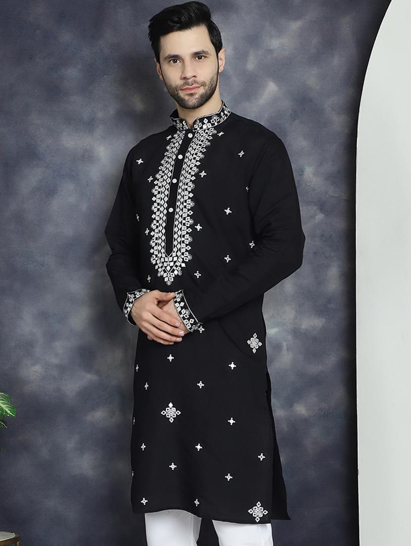 men solid with work mandarin neck long kurta