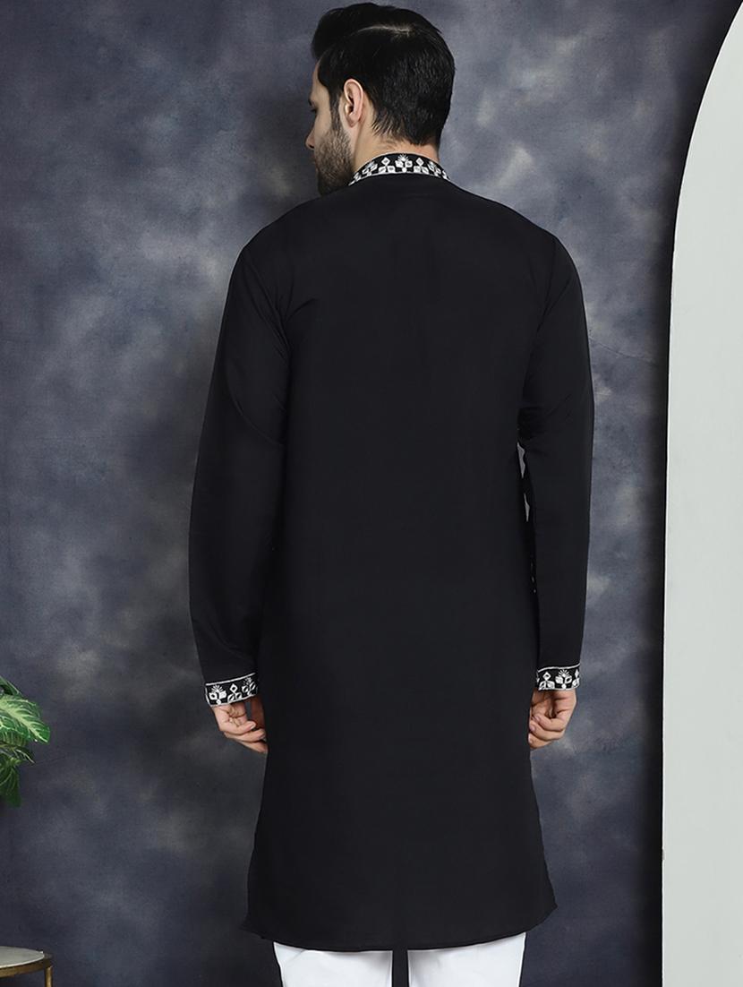 men solid with work mandarin neck long kurta - 21018306 - Standard Image - 2