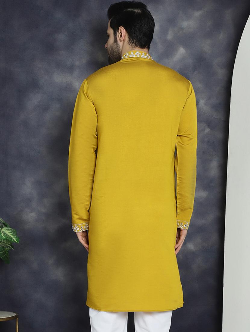 mustard silk blend long kurta - 21018307 - Standard Image - 2