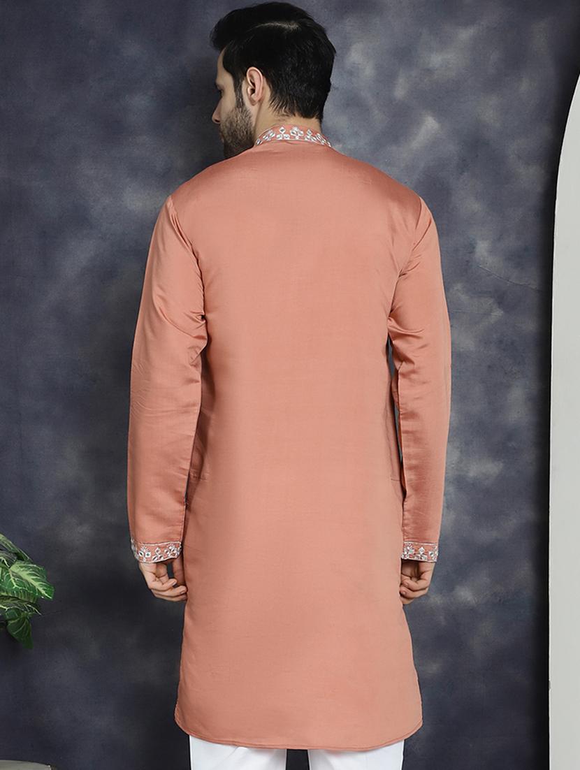 peach silk blend long kurta - 21018308 - Standard Image - 2