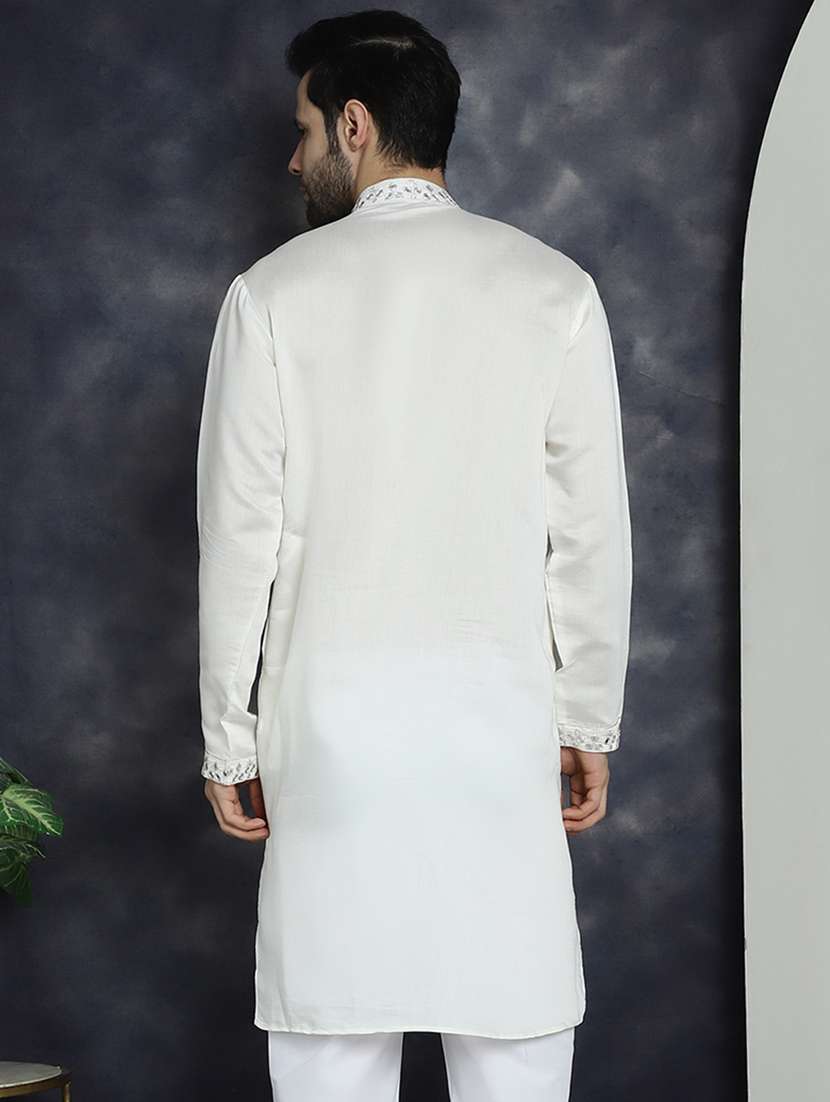 men solid with work mandarin neck long kurta - 21018309 -  Standard Image - 2