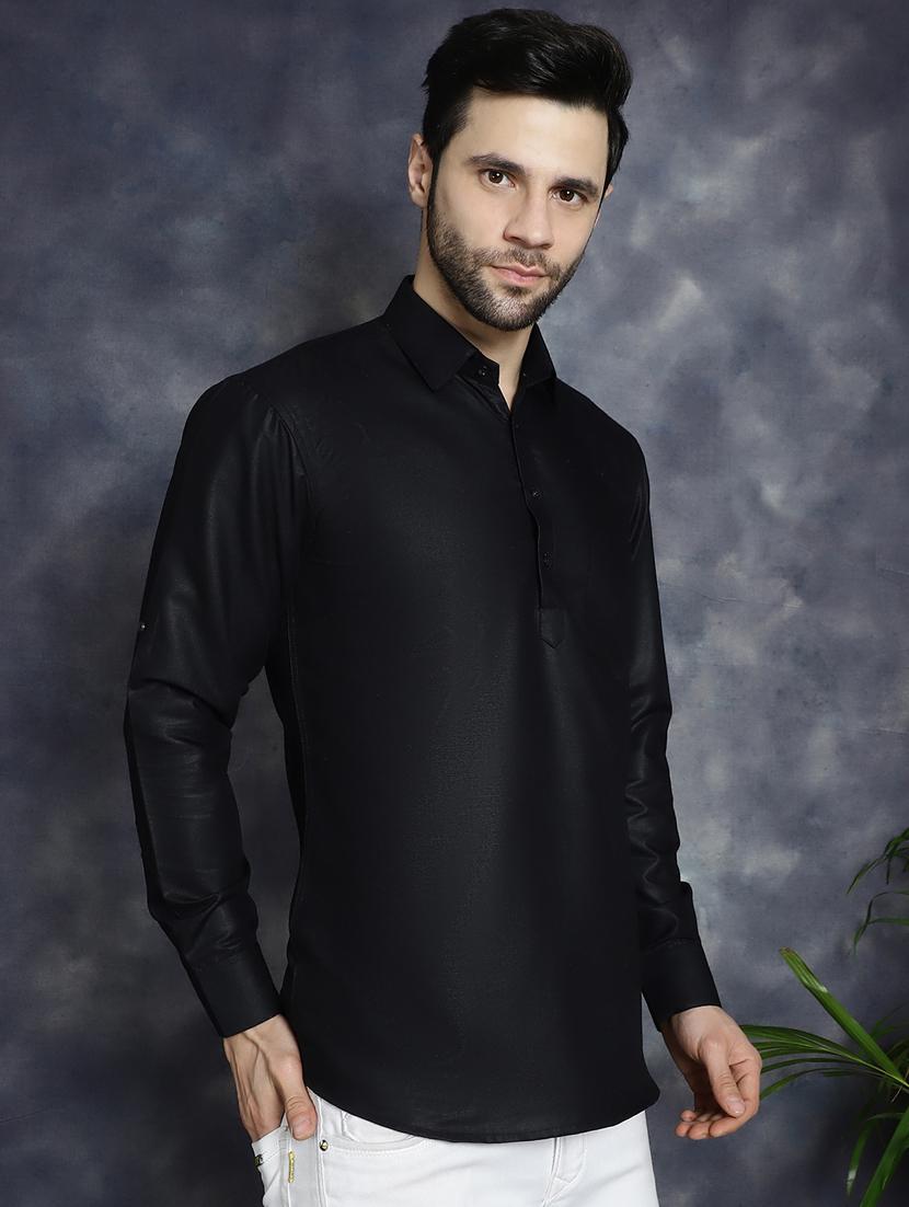 men's black solid short kurta - 21018314 - Standard Image - 2