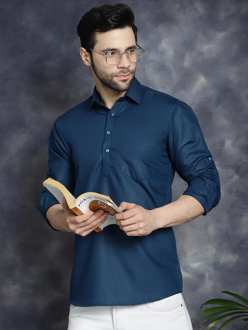 teal cotton short kurta - 21018318 - Standard Image - 2