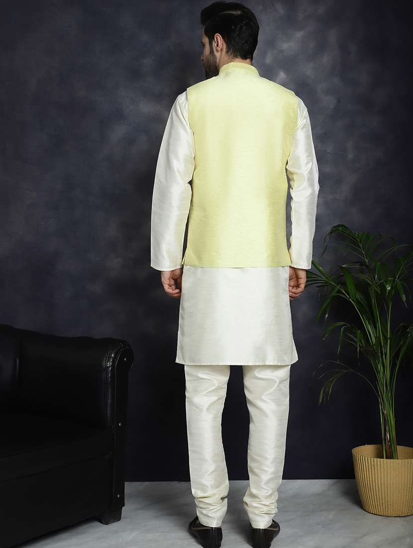 yellow silk blend kurta pyjama with jacket ethnic wear set - 21018427 - Standard Image - 2
