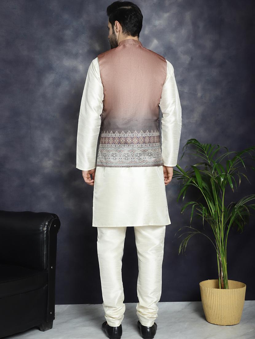 brown silk blend kurta pyjama with jacket ethnic wear set - 21018429 - Standard Image - 2