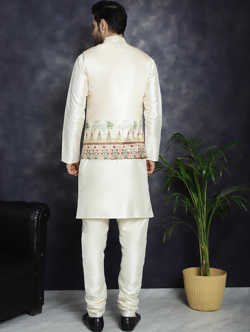 golden silk blend kurta pyjama with jacket ethnic wear set - 21018430 - Standard Image - 2