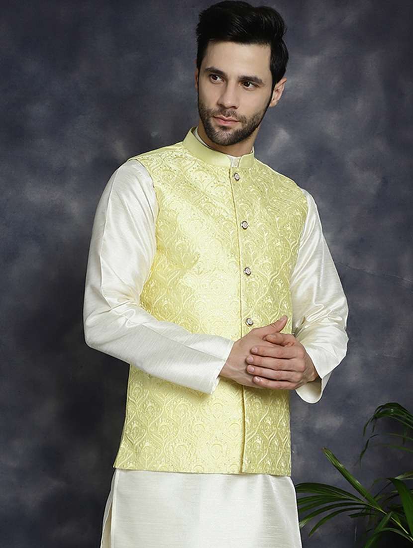 yellow silk blend nehru jacket