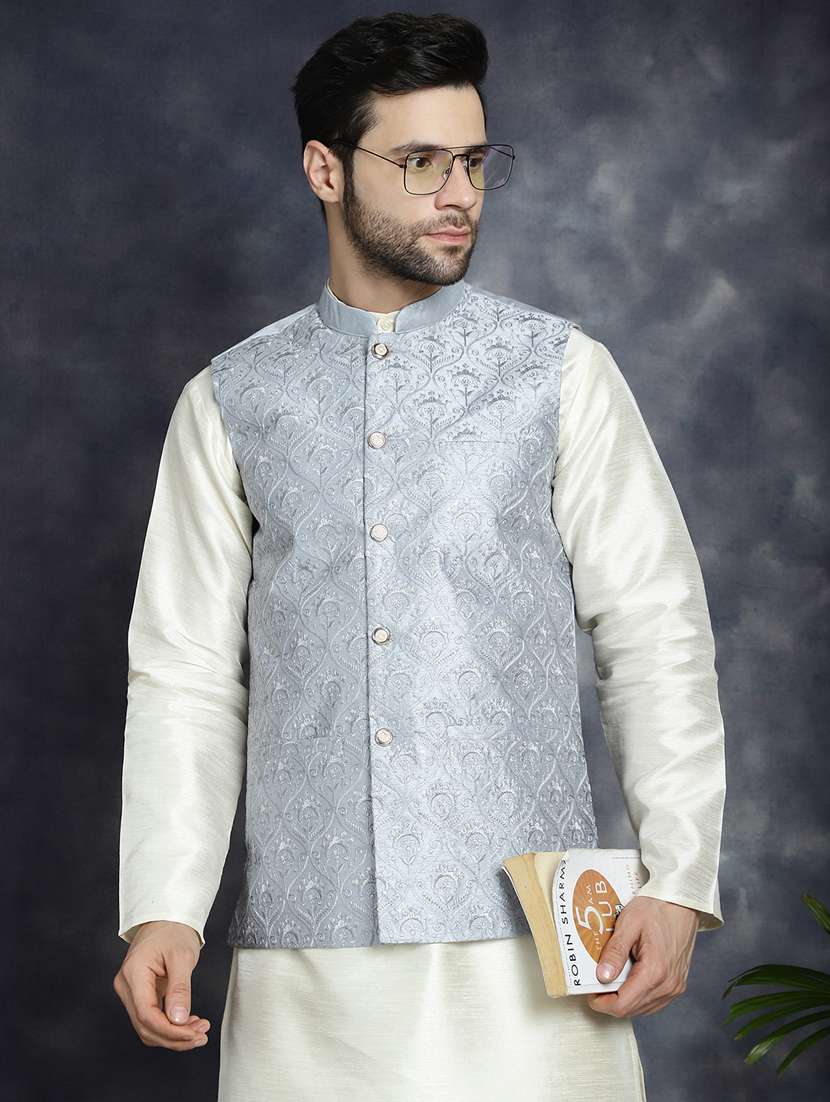 grey silk blend nehru jacket