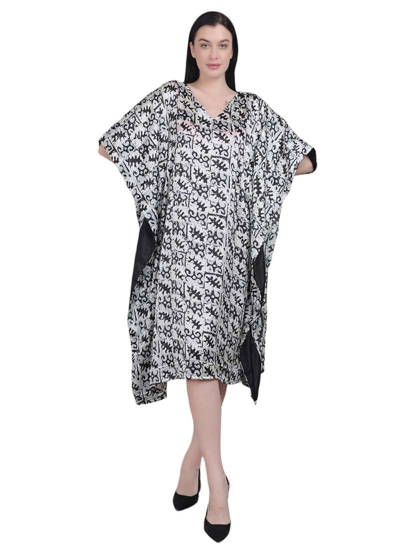 white printed detailed kaftan dress