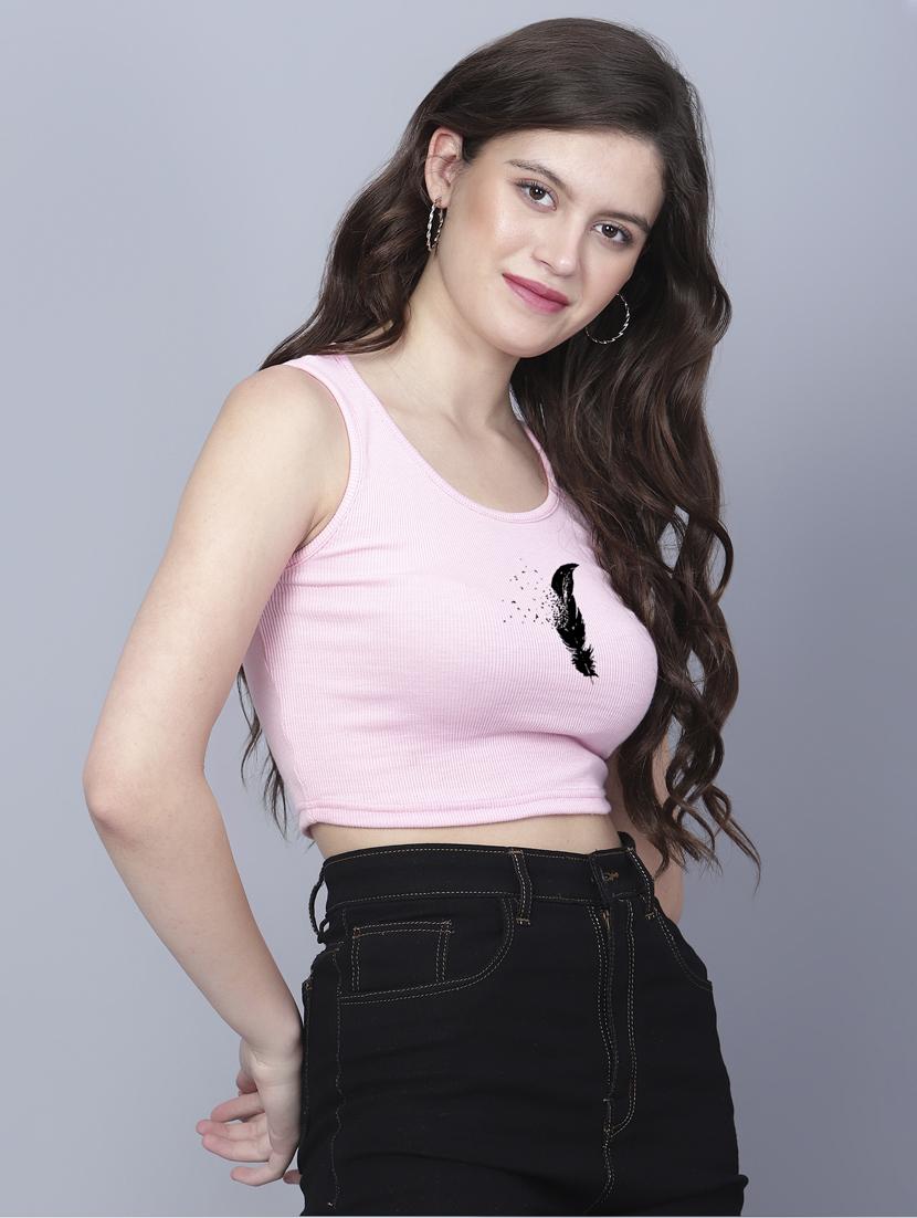 pink front printed casual crop top - 21019917 - Standard Image - 2