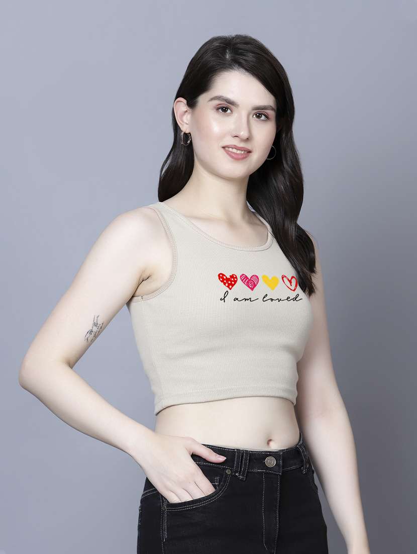 beige cotton lycra crop top - 21020170 - Standard Image - 2