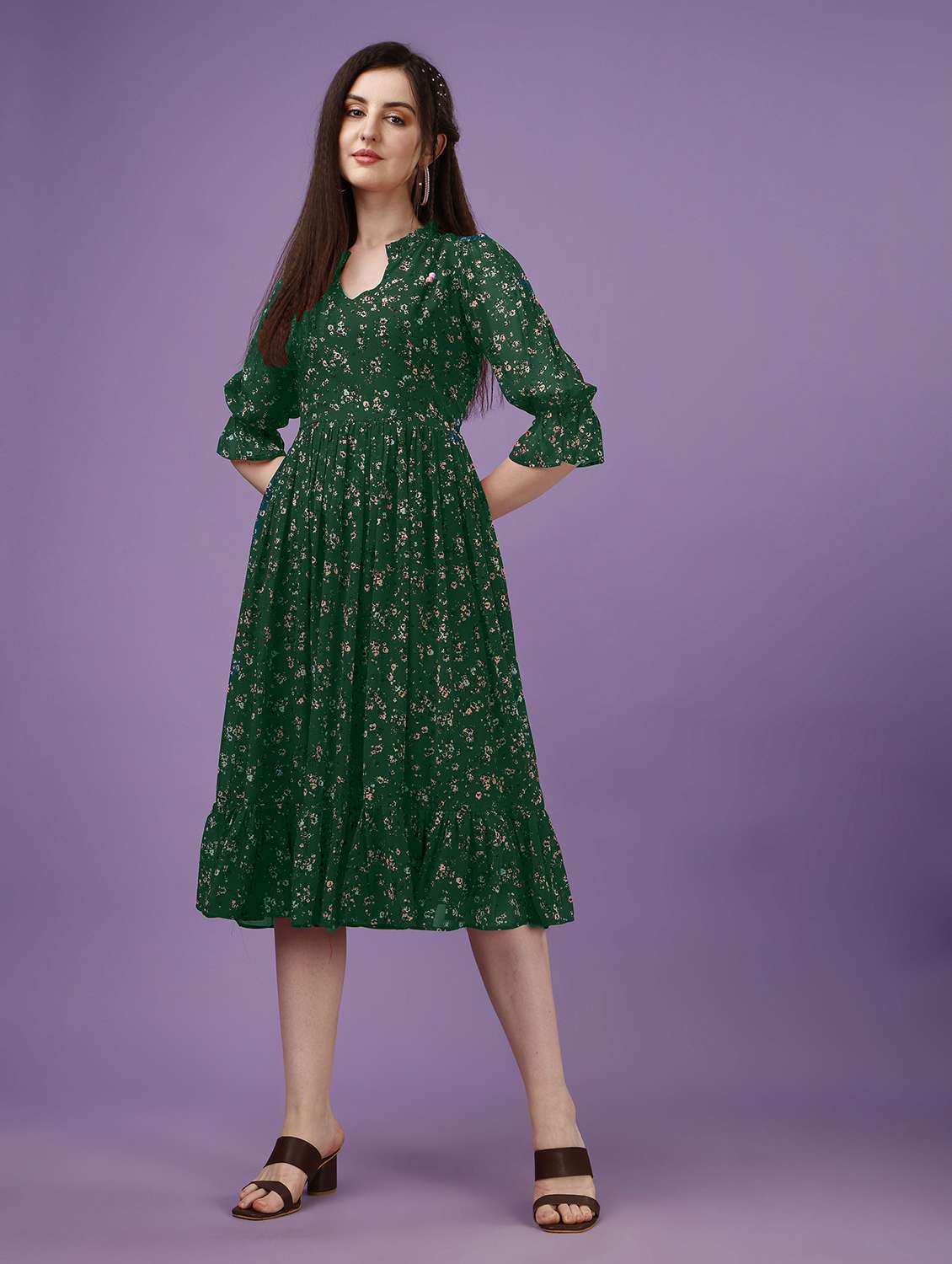 women bottle green floral printed fit & flare dress