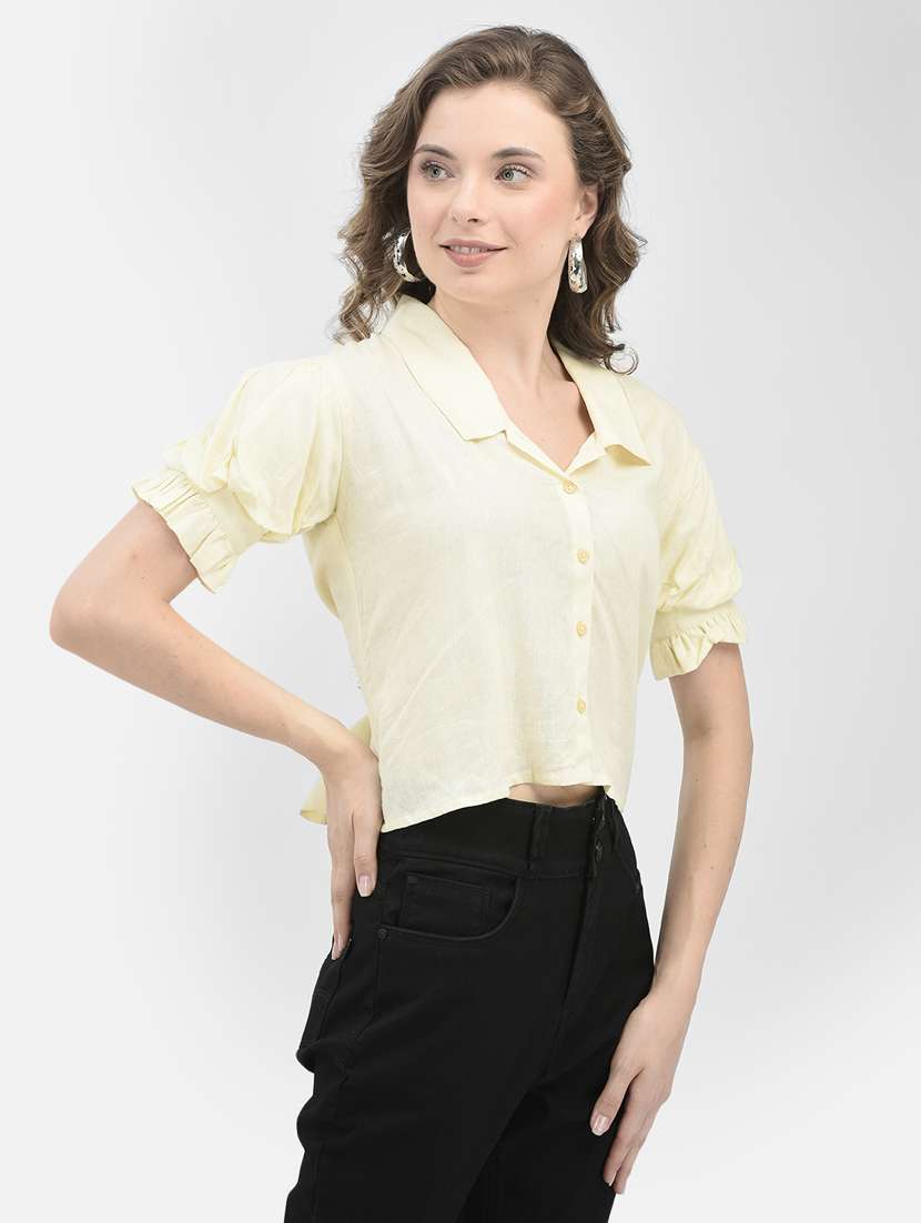 women yellow solid crop shirt