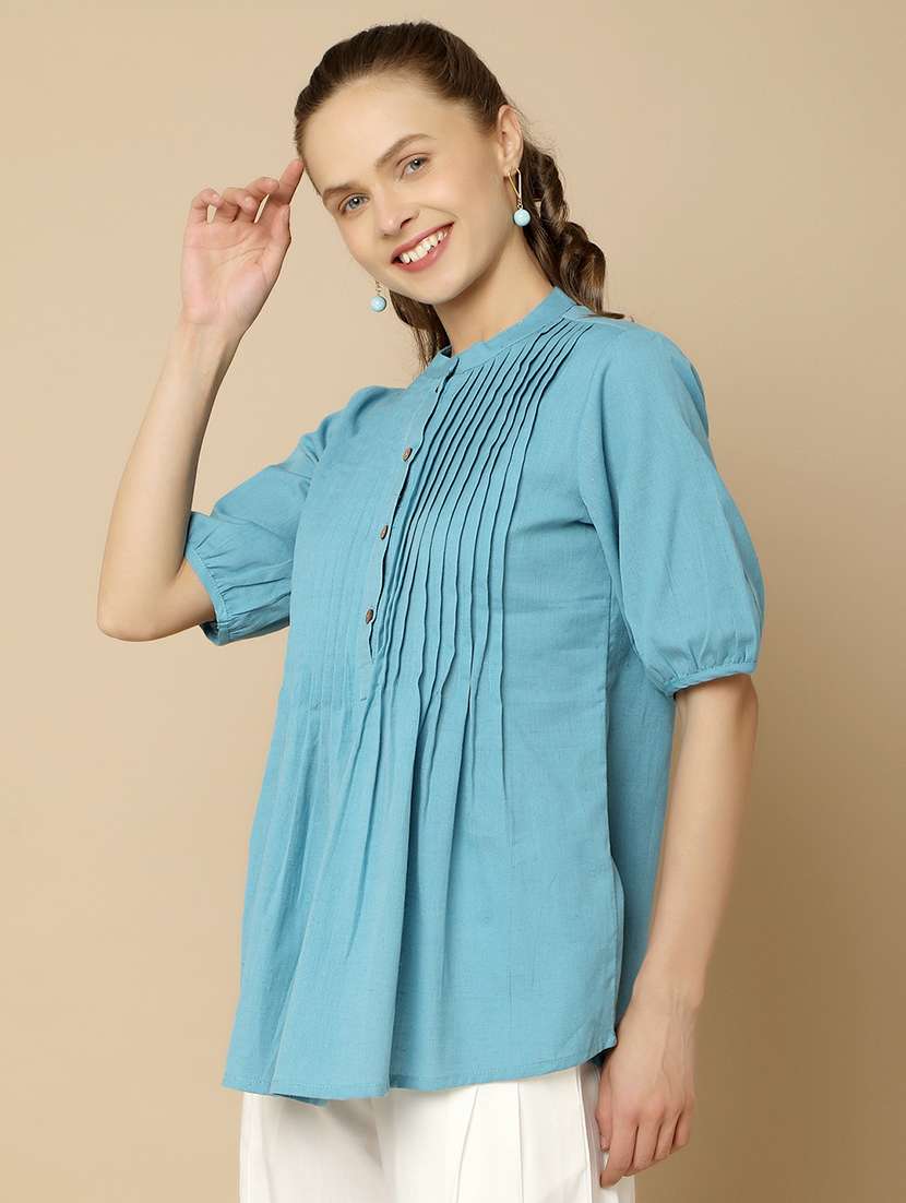 women solid blue a-line top - 21022481 -  Standard Image - 2