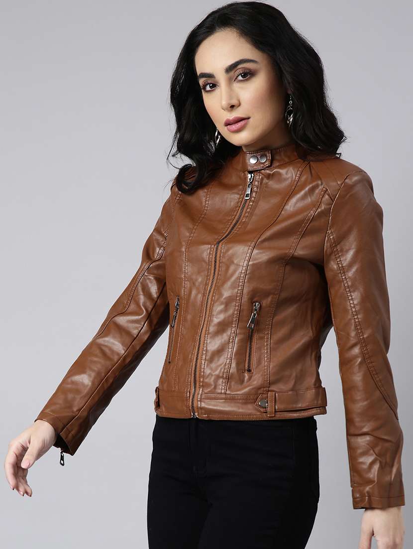 brown solid bomber/biker jacket - 21023310 -  Standard Image - 2