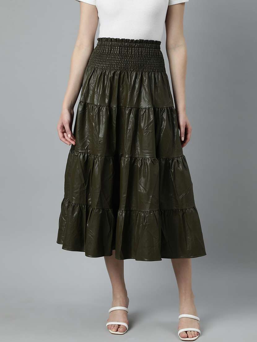 women mid-rise solid tiered skirt