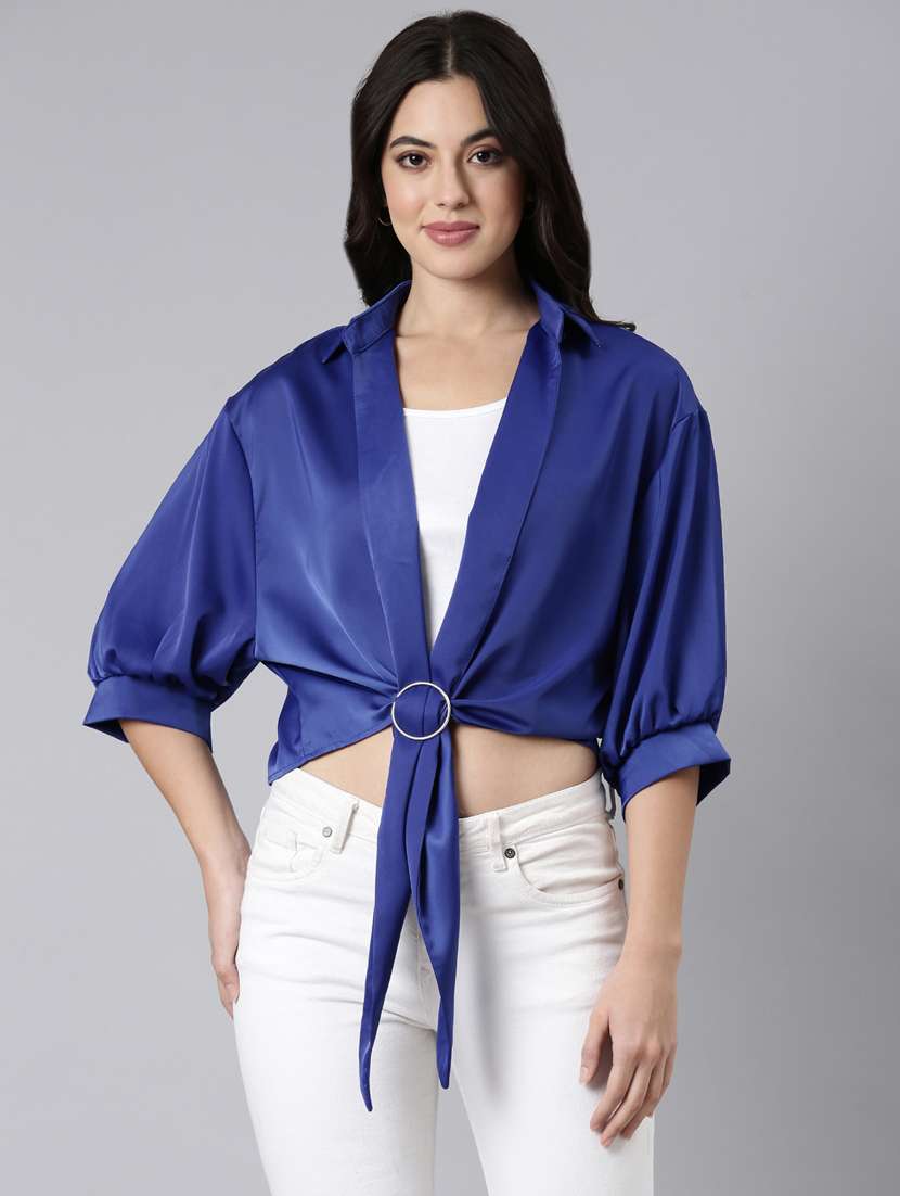 women solid color satin shirt top