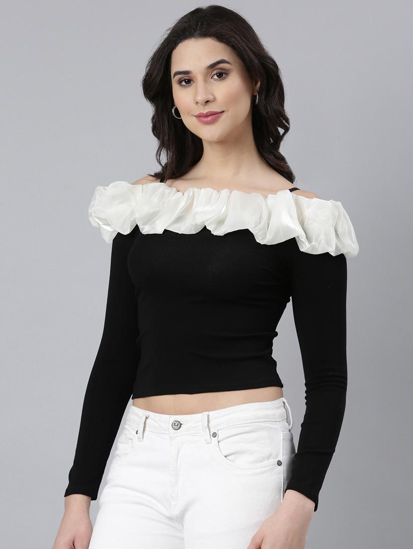 black cotton off shoulder crop top - 21023721 - Standard Image - 2