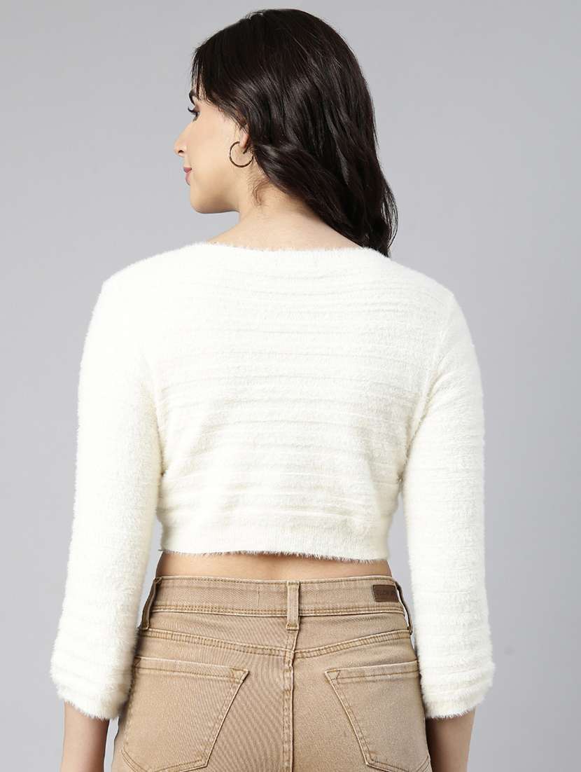 women solids three quarter sleeves crop top - 21023744 -  Standard Image - 2