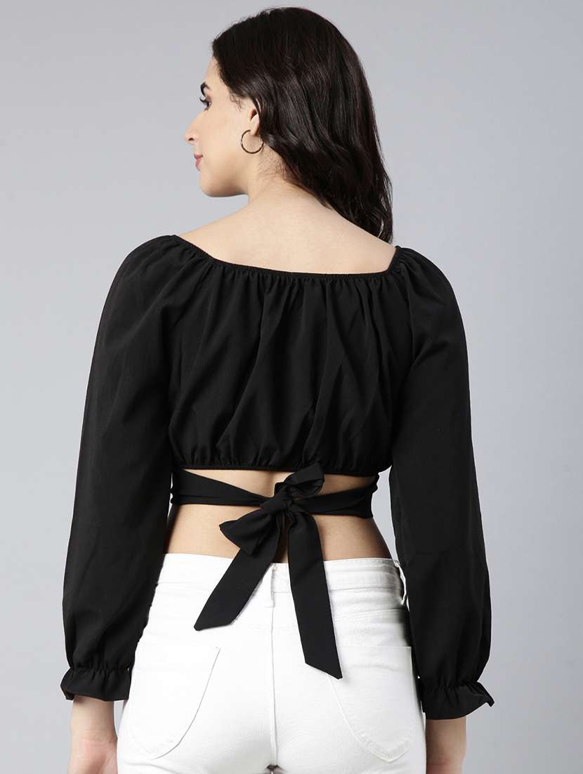 women black solids puff sleeves crop top - 21023750 - Standard Image - 2