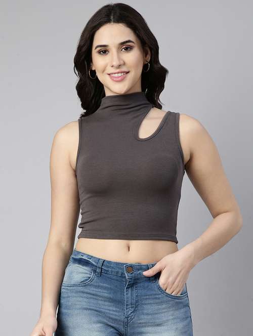 women grey solids sleeveless crop top - 21023772 -  Standard Image - 0