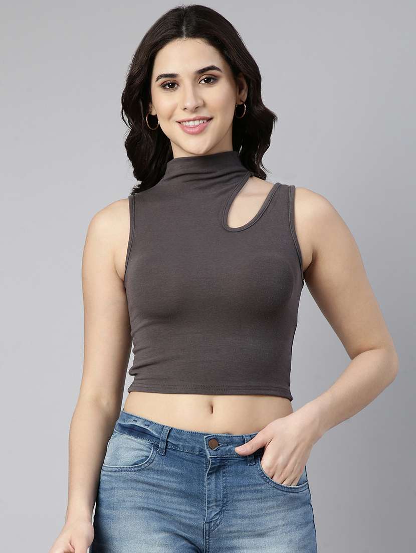 women grey solids sleeveless crop top - 21023772 -  Zoom Image - 0