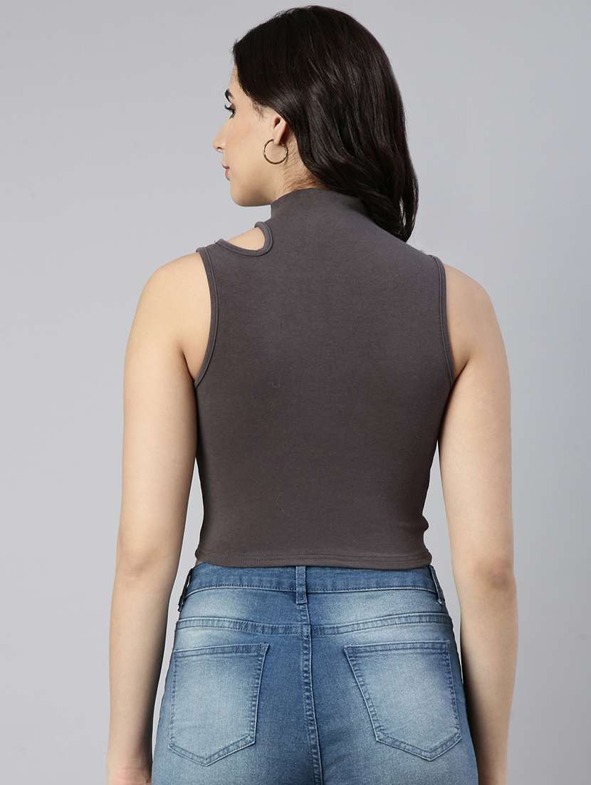 women grey solids sleeveless crop top - 21023772 - Standard Image - 2