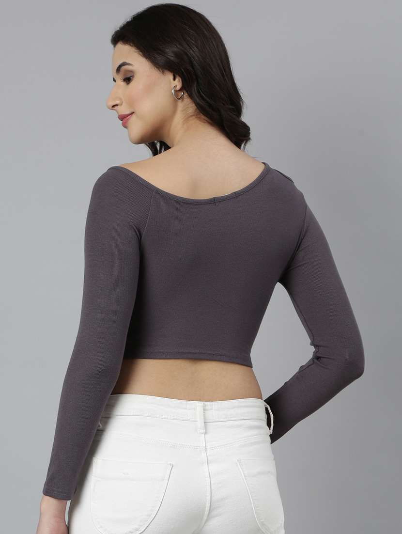 women grey solids long sleeves crop top - 21023777 -  Standard Image - 2
